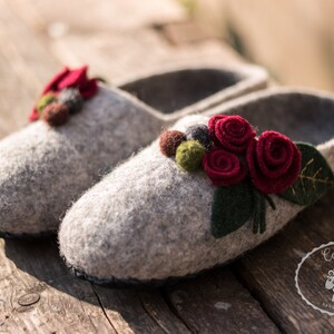 Grey felted wool slippers woolen clogs with felt flower great grandma gift felt slipper image 4