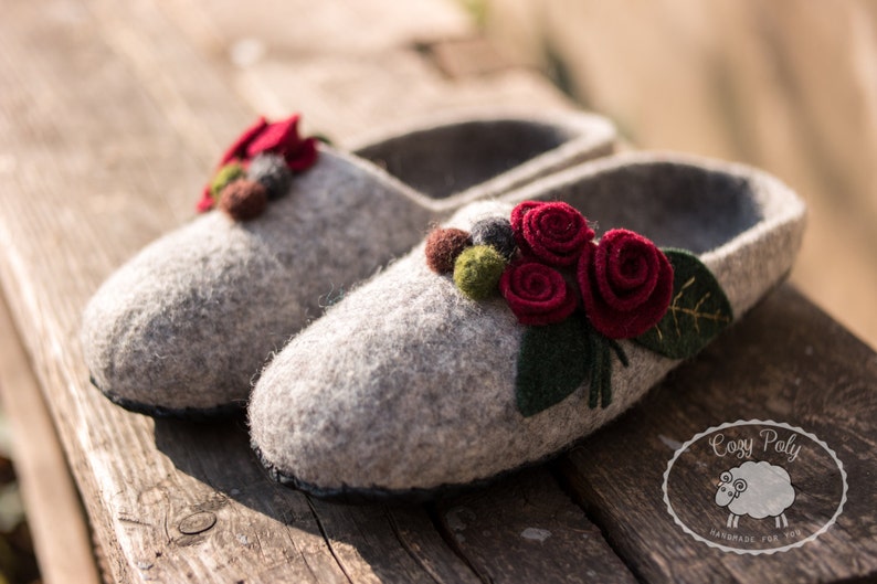 Grey felted wool slippers woolen clogs with felt flower great grandma gift felt slipper image 4