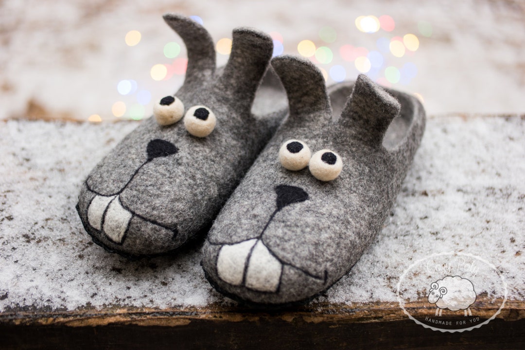 Slippers Funny Grey Bunny Mens House Shoes Wooden Etsy