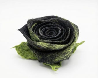 Black Merino Wool Felt Flower Brooch: Handmade Dark Romantic Pin