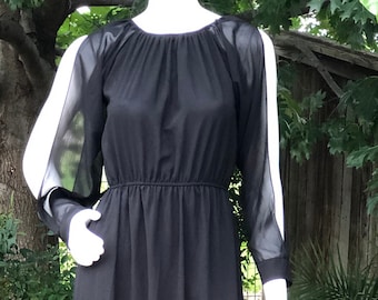 Vintage Sheer Black Witchy Dress, Sexy 60s Open Sleeve Gown, Boho Maxi, Gothic Night Gown, Mid Century Cocktail Dress, Valentines Day Gift