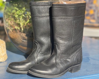 Big Kids Frye Boots, Black Pebbled Leather Boots, Pull on Moto Boots, Youth Size 2, Childrens Motorcycle Boots