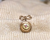 Vintage Locket Pin Pendant, Enamel Rose Locket Hangs from Gold Bow Brooch