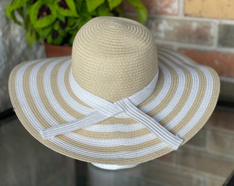White Wide Brim Sun hat, Tan White Striped Beach Hat, Classic Romantic Summer Hat, Striped Floppy Hat, White Cruise wear