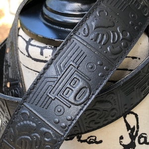 Vintage Black Tooled Leather Belt, Aztec Mayan Belt, South America Souvenir, Black Embossed Leather, Shaman, Indigenous Faces, Unique