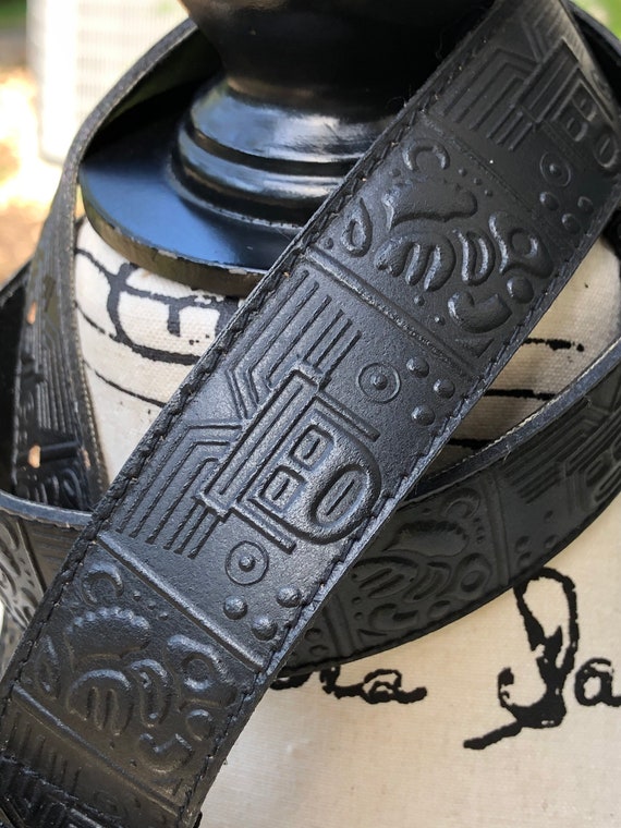 Vintage Tooled Black Leather Belt: Aztec Mayan Design, Size  display picture 2