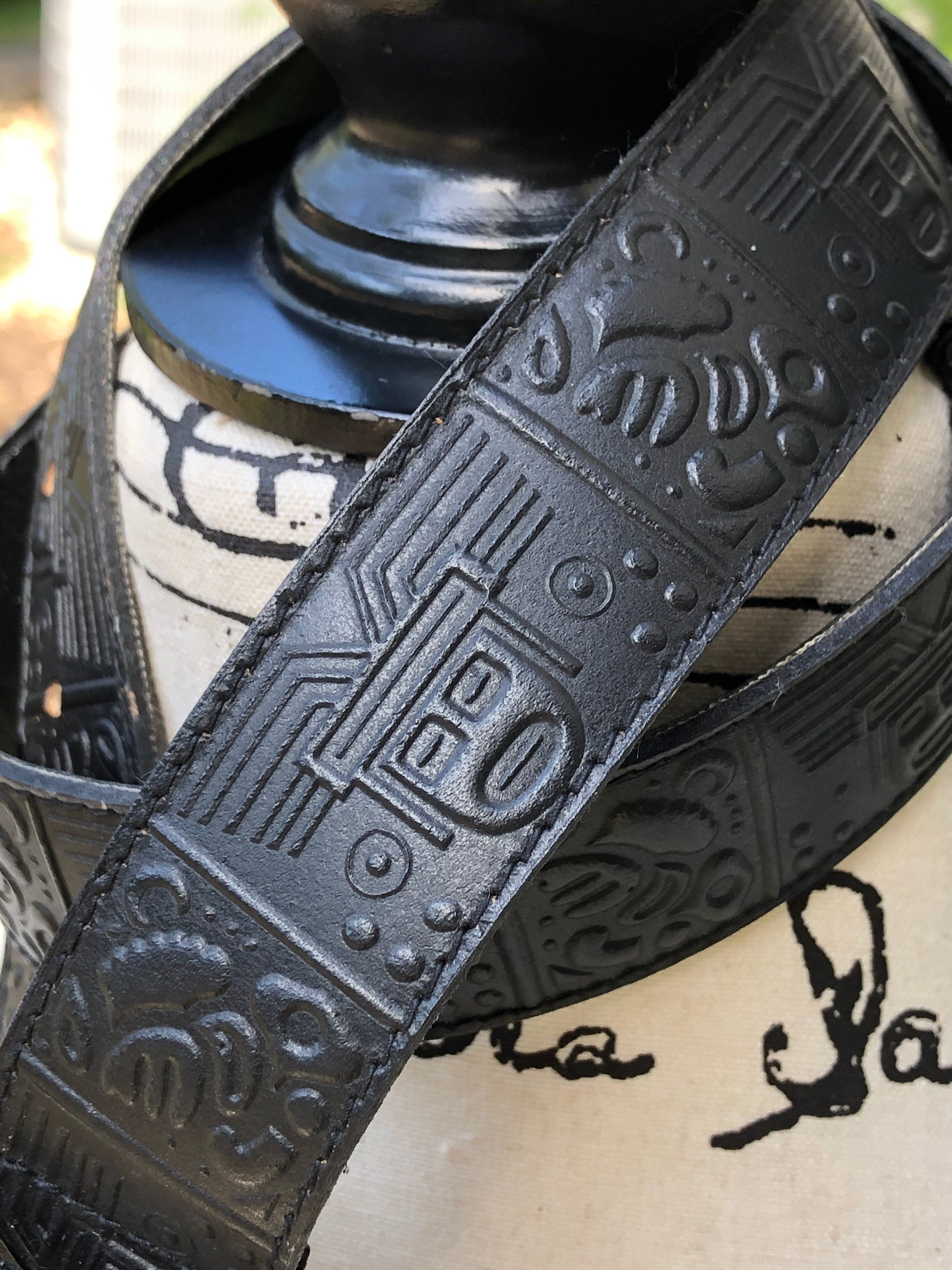 Vintage 80s Leather Shop Bohemian Metal Shield Unique Aztec Belt 3D Belt Co. Boys Aztec Embroidery with Square Bullhead  main image 2