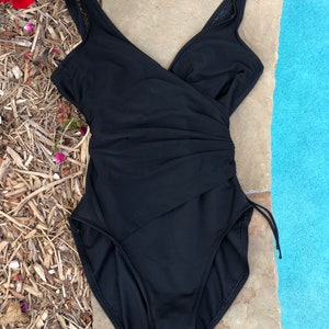 Vintage 80s Swimsuit, Black One Piece, Ruched Wrapped, Asymmetrical, Miracle Suit