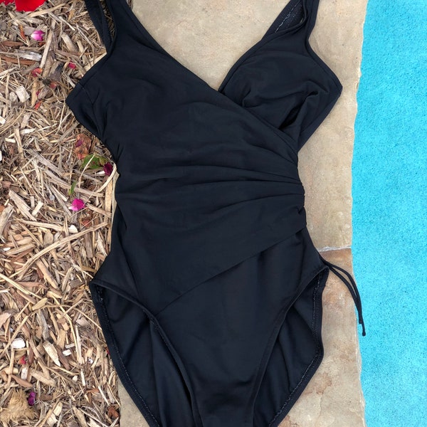 Vintage 80s Swimsuit, Black One Piece, Ruched Wrapped, Asymmetrical, Miracle Suit