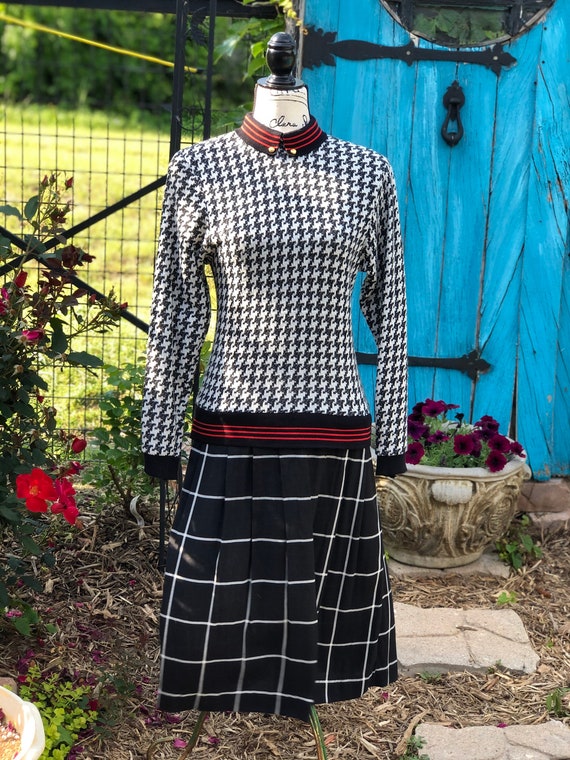 Vintage 60s Houndstooth Sweater Dress: Plaid Pleated Skirt, Dark Academia