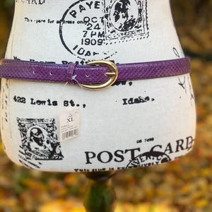 May include: Purple snakeskin belt with a gold buckle. The belt is on a white mannequin with a vintage postcard design.