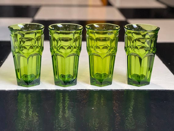Vintage Green Glass Tumblers, Faceted Panel Tea Glasses, Heavy