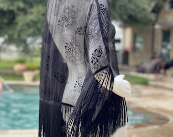 Sheer Black Fringe Capelet: Boho Goth Shawl, Stevie Nicks