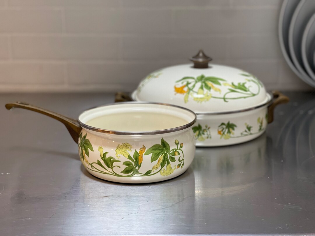 Enamel Cookware Set, Asta German Enamel Ware, Honeysuckle Design Pots