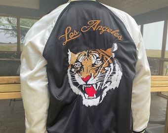 Satin Tiger Bomber Jacket, Black Gold Windbreaker, Satin Raglan Bomber, Rockabilly embroidered coat, Los Angeles