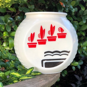 Vintage Deco Milk Glass Canister, Milk Glass Vase, Red Detail, Stove Top Grease Jar No Lid, Depression Glass, Fire King, Anchor Hocking