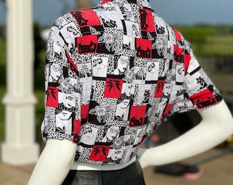 Vintage 90s Graphic Print Camp Shirt: Rockabilly Blouse