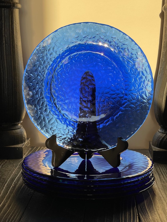 Vintage Blue Glass Plates Set 6 Blue Dishes French Pressed Etsy