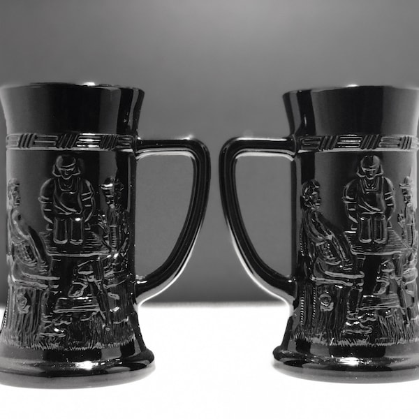 2 Black Glass Beer Mugs, Steins Federal Glass, German Biergarten, Goth Mugs