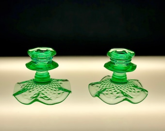 Vintage Uranium Glass Candlesticks, Victorian Green Vaseline Glass UV Florescent Depression Glass, Frilly Glass Candle Holders