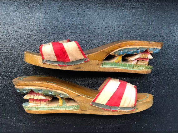 Vintage 1940s Carved Wooden Shoes, WWII Souvenir,