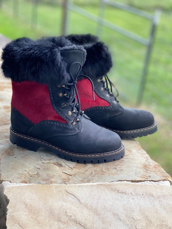 Vintage Sorel Snow Boots, Red Calfskin, Black Rab… - image 3