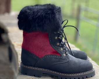 Vintage Sorel Snow Boots, Red Calfskin, Black Rabbit Fur, Fur Boots, Red Leather Booties, New Old Stock, Fur Booties