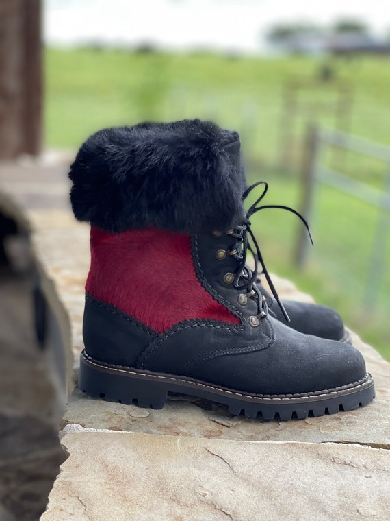 Vintage Sorel Snow Boots, Red Calfskin, Black Rab… - image 1