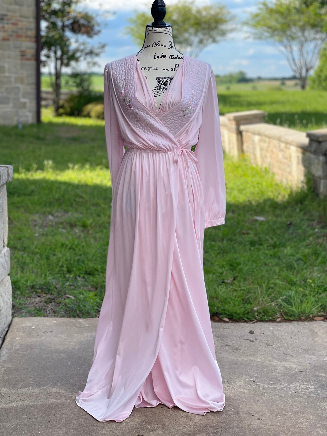 Vintage Pink Night Gown Robe, Old Hollywood Style Peignoir Set, Maxi