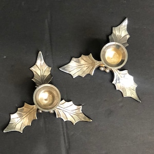 Christmas Candlesticks, Restoration Hardware Candle Holders, Silver Tone Holly Leaves and Berries, Holiday Decor