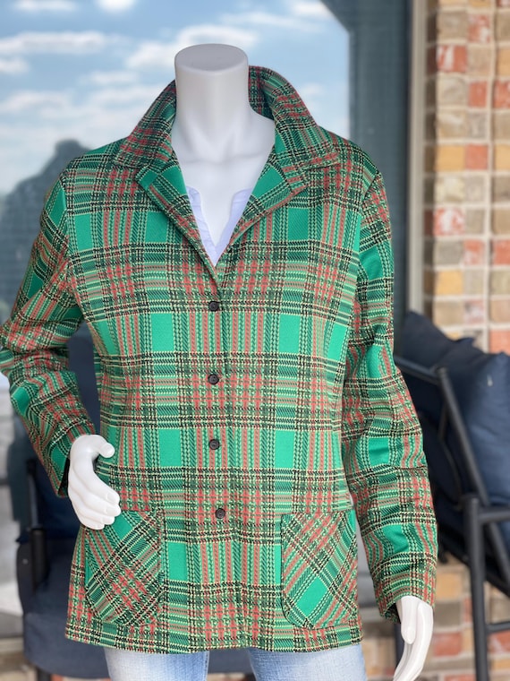 Authentic 60s Polyester Jacket, Bright Green Red … - image 1
