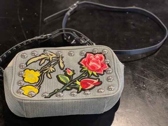 Denim Cross Body Purse, Floral Embroidered Patche… - image 9