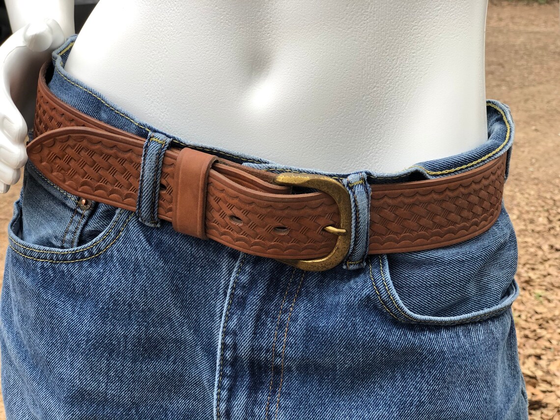 Vintage LL Bean Leather Belt Rustic Basketweave Embossed Etsy