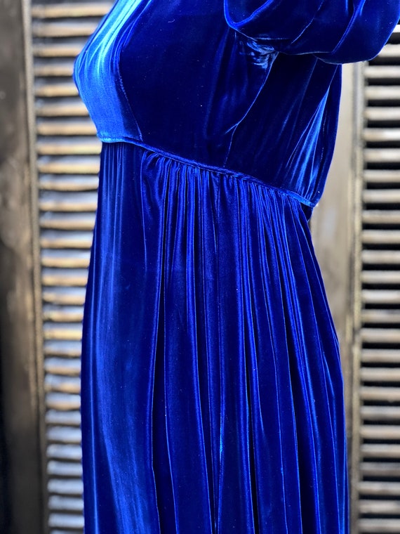 Vintage Royal Blue Velvet Dress, Empire Waist, Floor … Gem