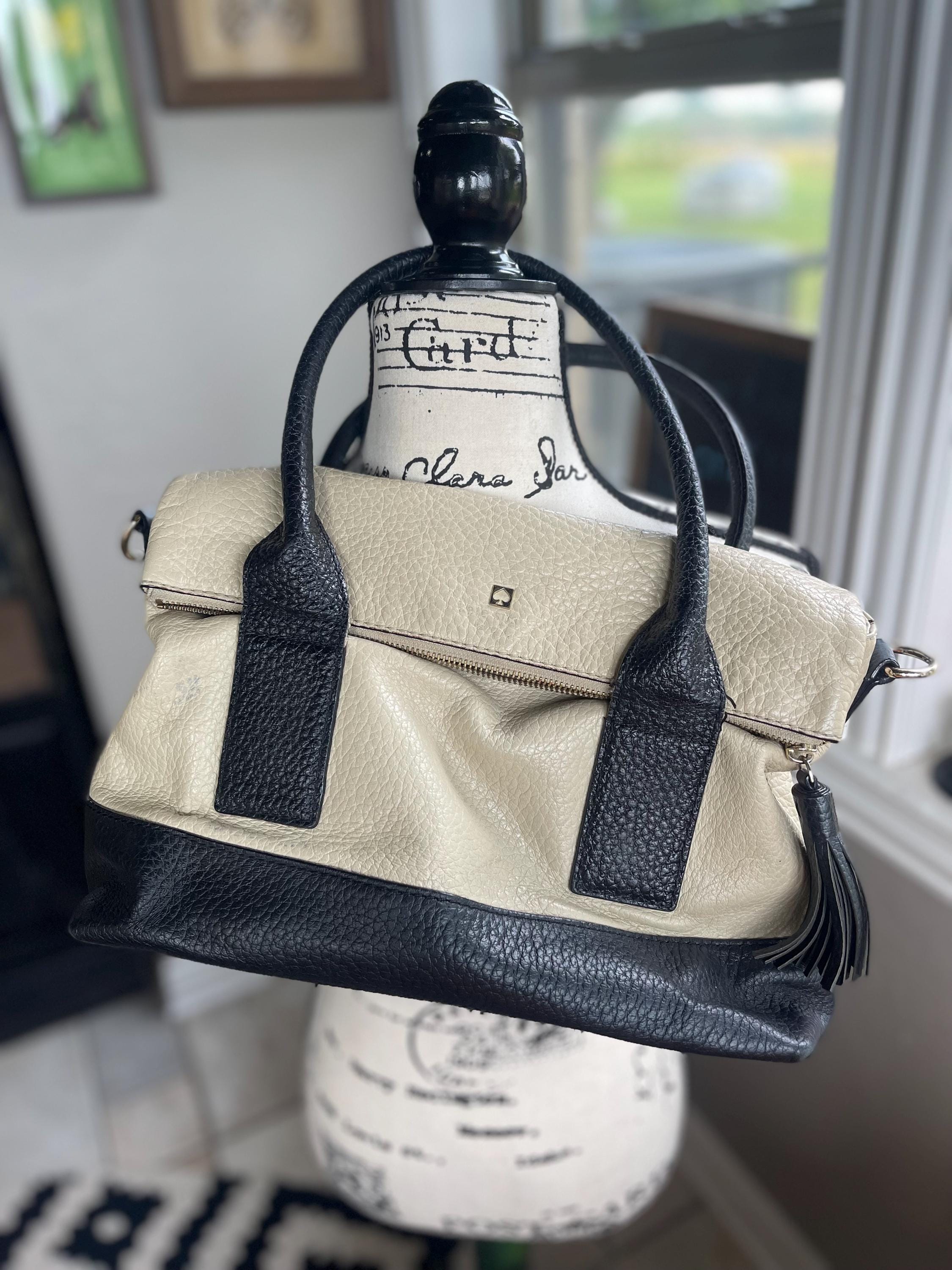 Kate Spade Purse All Weather Leather Black and White Shoulder Bag Designer Handbag Striped Lining