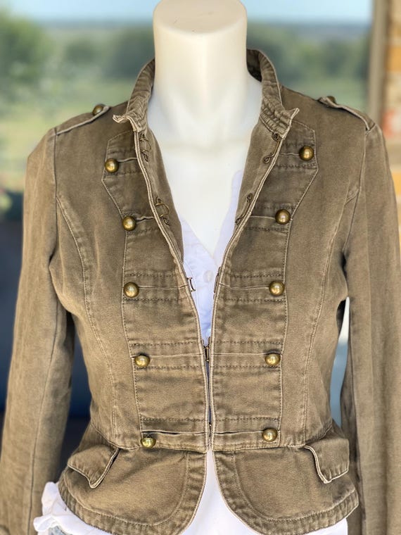 Cropped Militaria Jacket, Brass Tone Buttons, Sli… - image 6