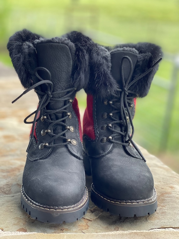 Vintage Sorel Snow Boots, Red Calfskin, Black Rab… - image 10