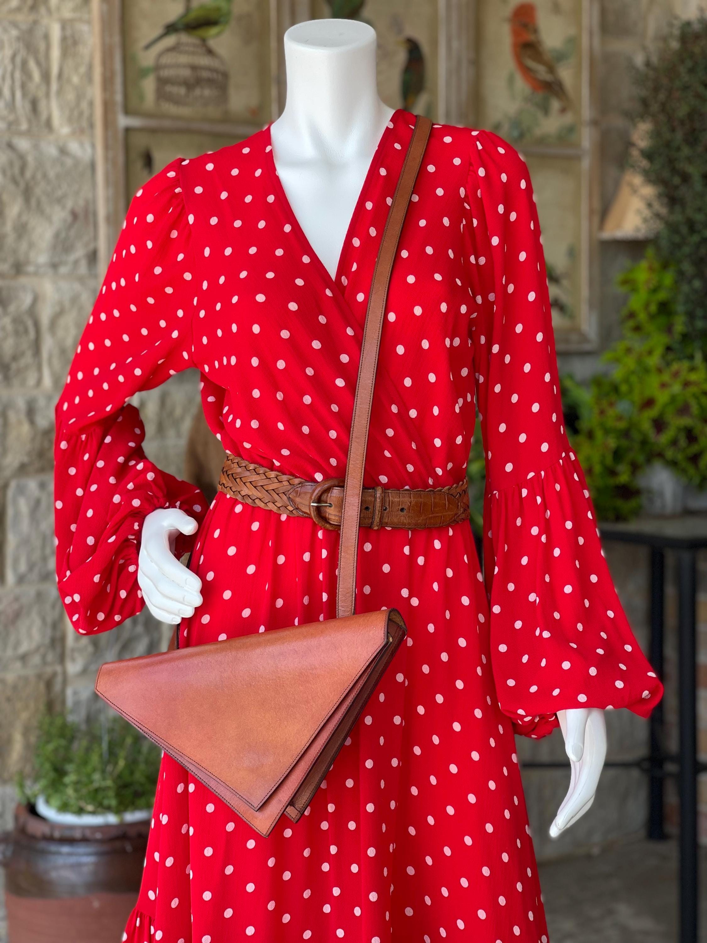 Long Flowy Fall Maxi Dress in Red Polka Dot Boho Vintage Style Size M/L — free download