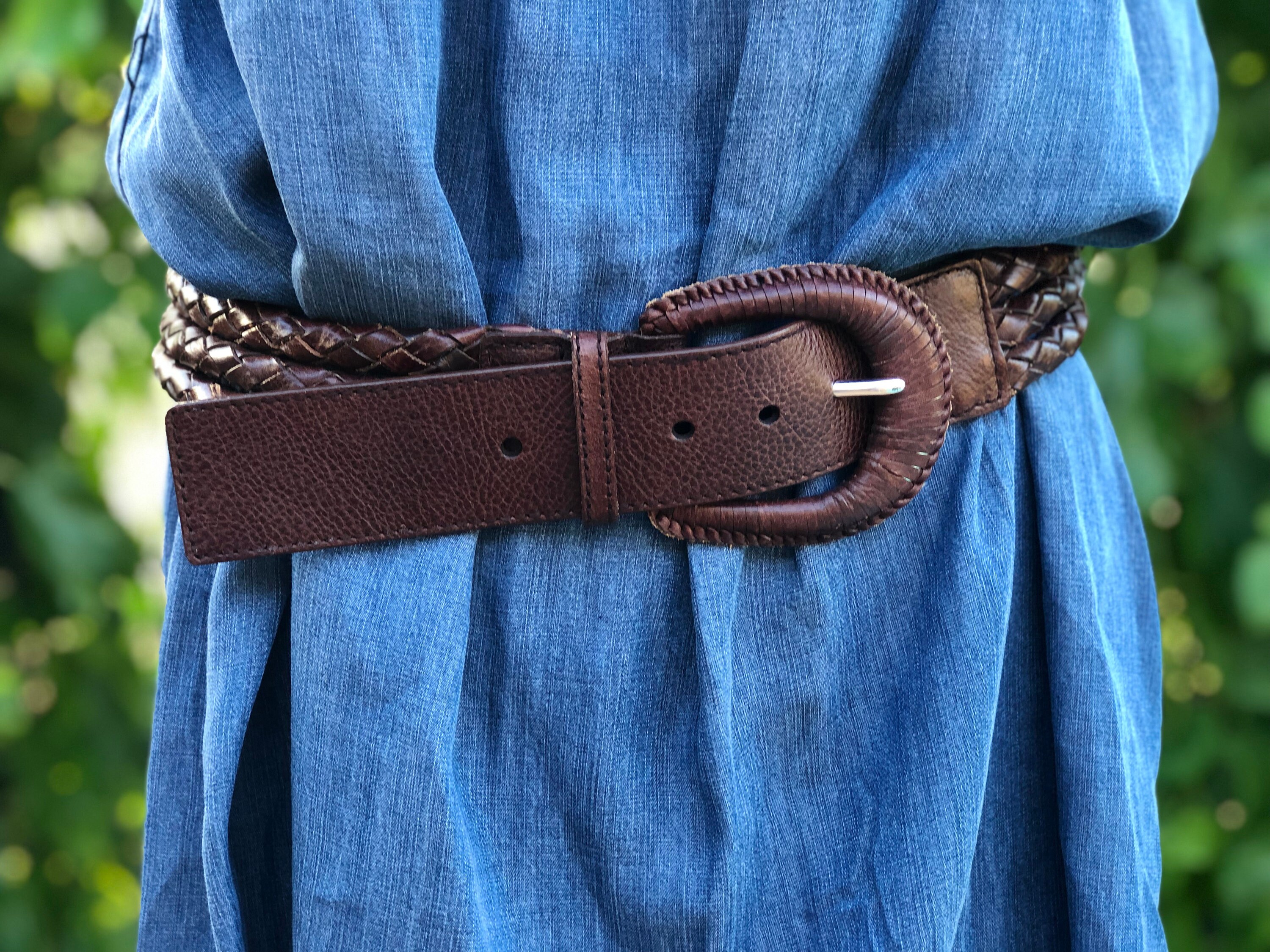 Michael Kors Black Braided Leather Belt Gold Buckle Wide Woven Preppy Chic 47-20 VTG Wide Woven Braided Boho Metallic Hip Belt Chunky Gold  main image 2