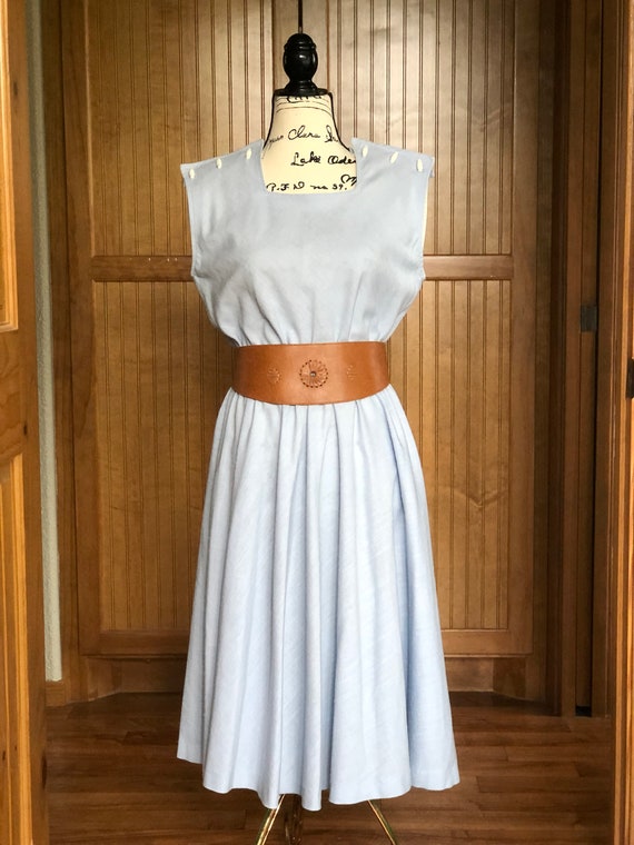 Vintage Fit Flare Dress, Baby Blue White Button Sh