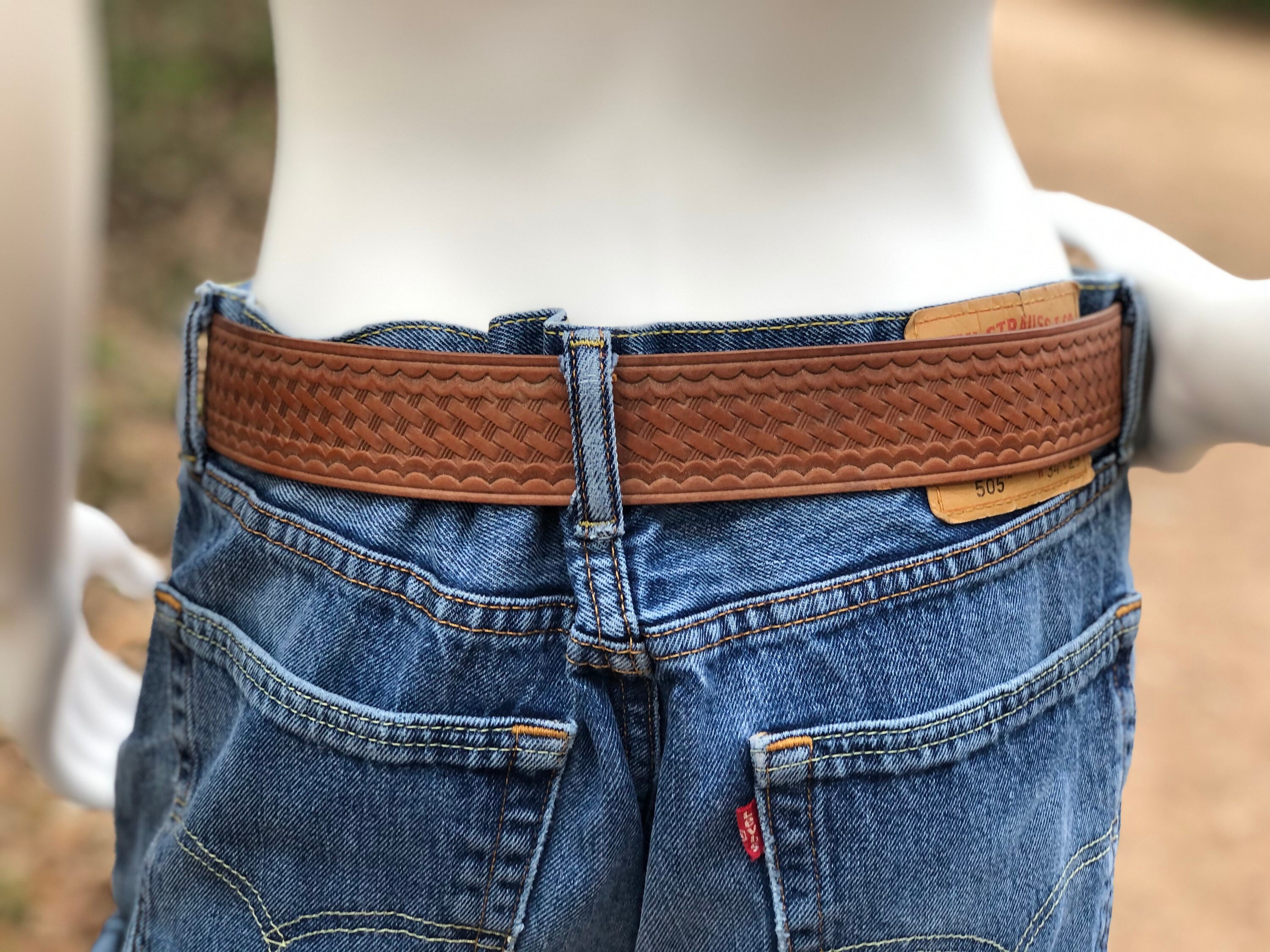 Classic LL Bean Vintage Tooled Leather Belt, Brown