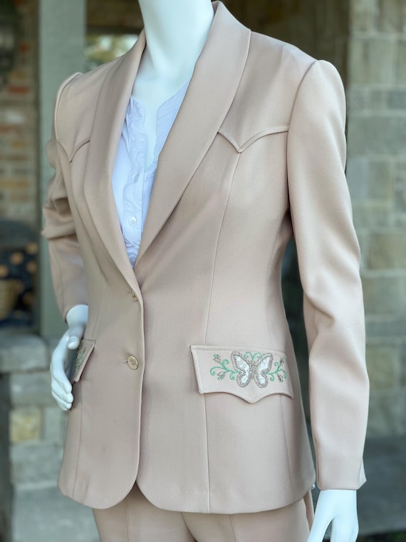 Vintage Tan Polyester Western Pant Suit With Embroidered Butterfly Pockets,  Bell Bottom Pants With Western Detail, Skinny Fitted Jacket - Etsy