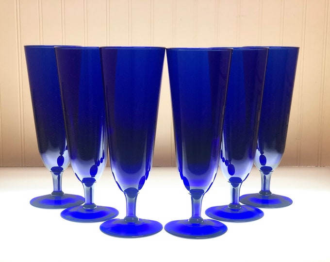 Vintage Cobalt Blue Glass Stemware Footed Blue Beer Glasses Etsy