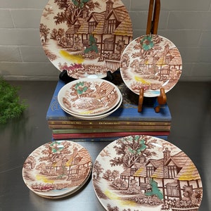 Vintage Cottagecore Dishes Chadwick Japan China: Brown Cottage Transferware Lot 8 pieces