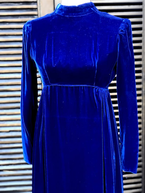 Vintage Royal Blue Velvet Dress, Empire Waist, Floor … Gem