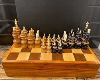 Vintage Wooden Chess Set: Handmade Inlaid Board Game with Storage