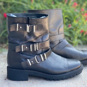 Salvagepunk Chunky Black Moto Boots, Strappy Boots Buckles, Designer Acubi, High End Leather Goth Boots, Witchy Vampy  Strappy Boots Sz 8