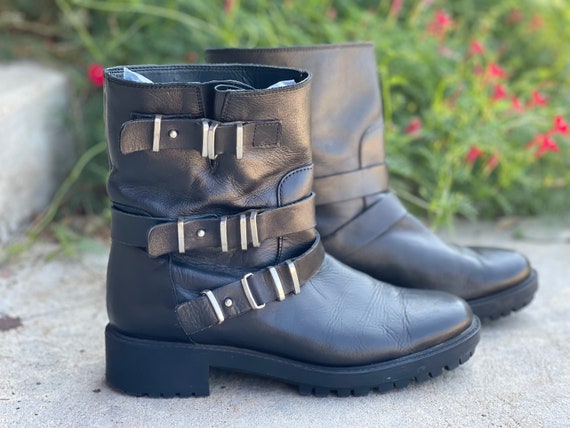 Zara Leather Moto Boots: Black Chunky Buckle Straps, Goth Sz 8 - Etsy