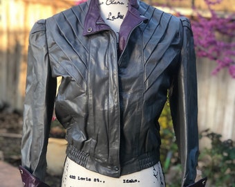 Rock Star Leather Jacket, Rare 80s Vintage Cropped Leather Jacket, Two Tone Pleated, Dolman Sleeve, Dove Gray Leather Dark Purple Accents