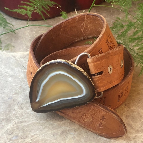 Vintage Agate Belt Buckle, Rock Slice Buckle, Polished Stone Buckle